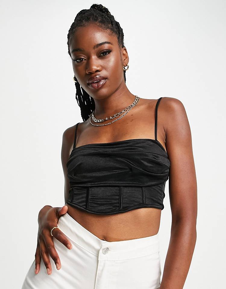 Pull&Bear cropped satin corset in black